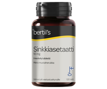 Bertil's Sinkkiasetaatti 10 mg miedon mustaherukan makuinen imeskelytabletti