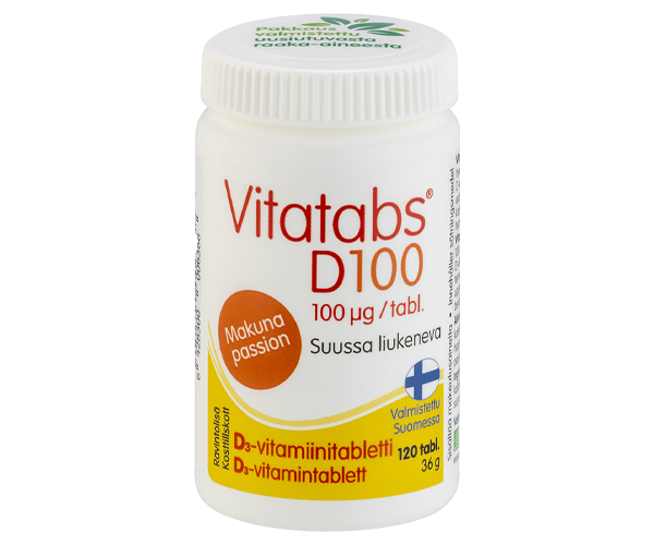 Vitatabs D100 passionhedelmän makuinen suussa liukeneva D3-vitamiinitabletti